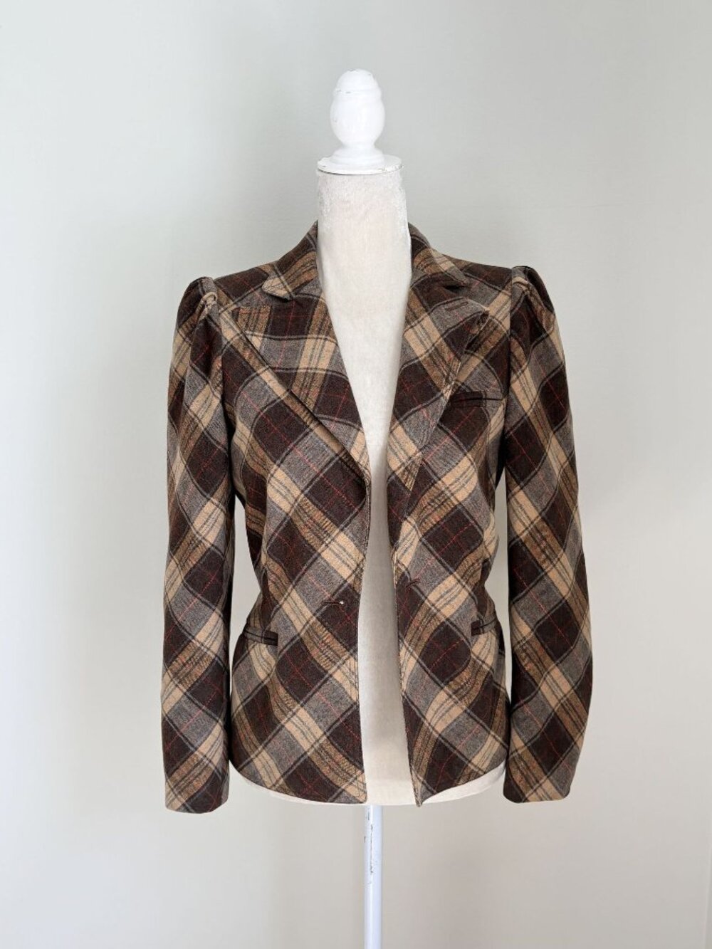 Smythe Open Front Plaid Puff Sleeve Blazer 10 Brown Tan
